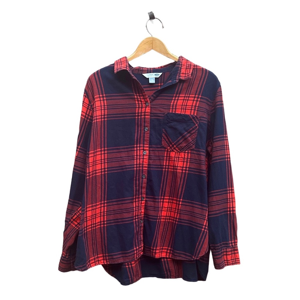 Old Navy Plaid Flannel The Classic Shirt Womens Size XXL Navy Red Scarlet Orange